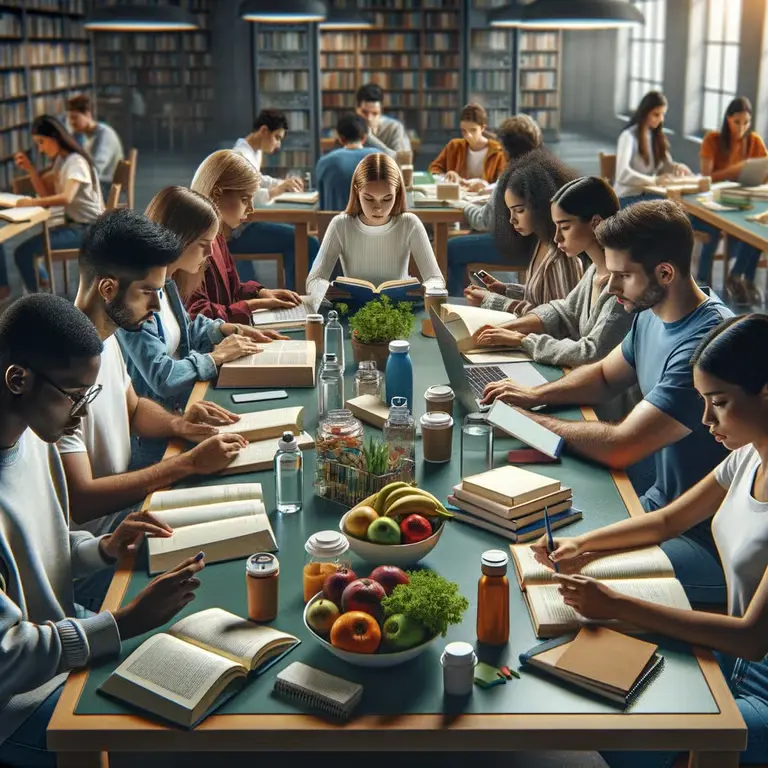 Group of diverse students studying together in a library, surrounded by books, laptops, water bottles, and a table filled with fresh fruits and healthy snacks. nerdvibrance nerd vibrance