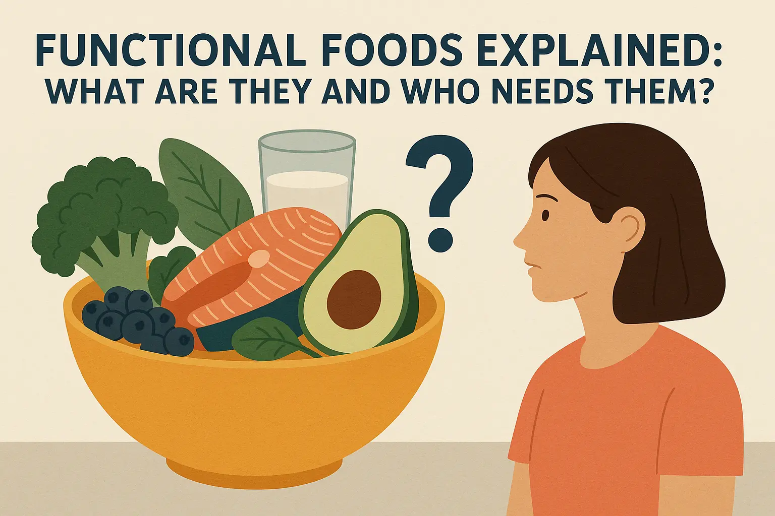 A flat-style digital infographic showing a large yellow bowl filled with functional foods like salmon, avocado, blueberries, broccoli, leafy greens, and a glass of milk. To the right, a woman in an orange shirt looks at the bowl with a question mark above her head. The title above reads: “Functional Foods Explained: What Are They and Who Needs Them?” in bold dark blue text on a cream background.
