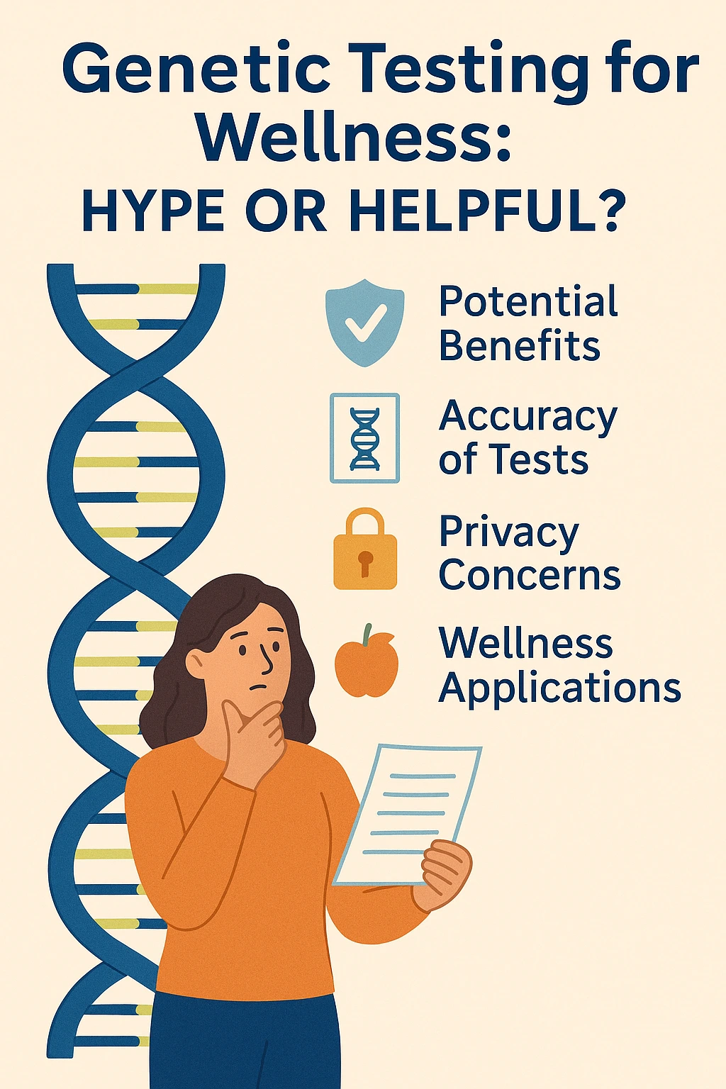 Infographic titled "Genetic Testing for Wellness: Hype or Helpful?" featuring a woman analyzing test results next to a DNA strand and icons representing potential benefits, test accuracy, privacy concerns, and wellness applications.